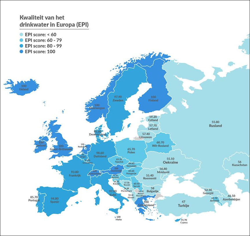 Overzicht drinkwater kwaliteit Europa