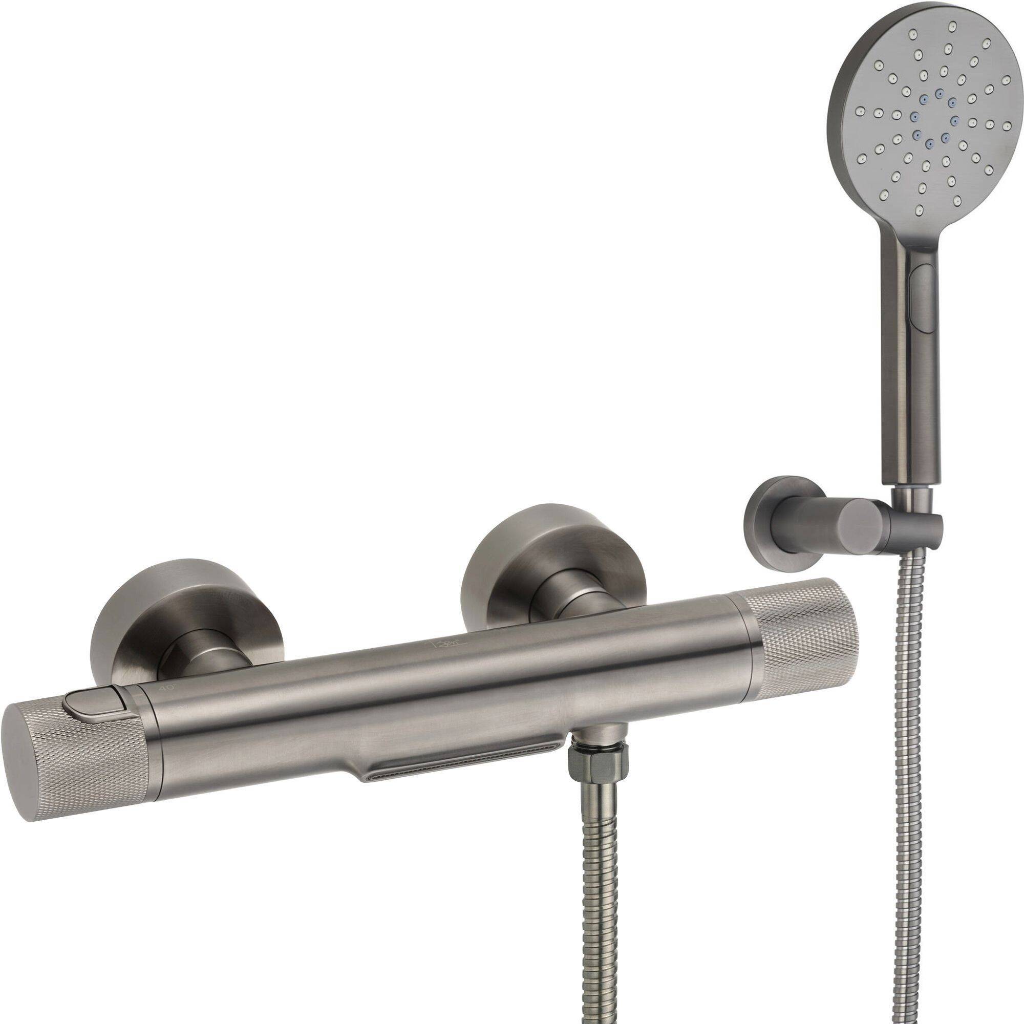 Ben Engraved Cross thermostatische badkraan met 3 straalsoorten handdouche en watervaluitloop gunmetal PVD