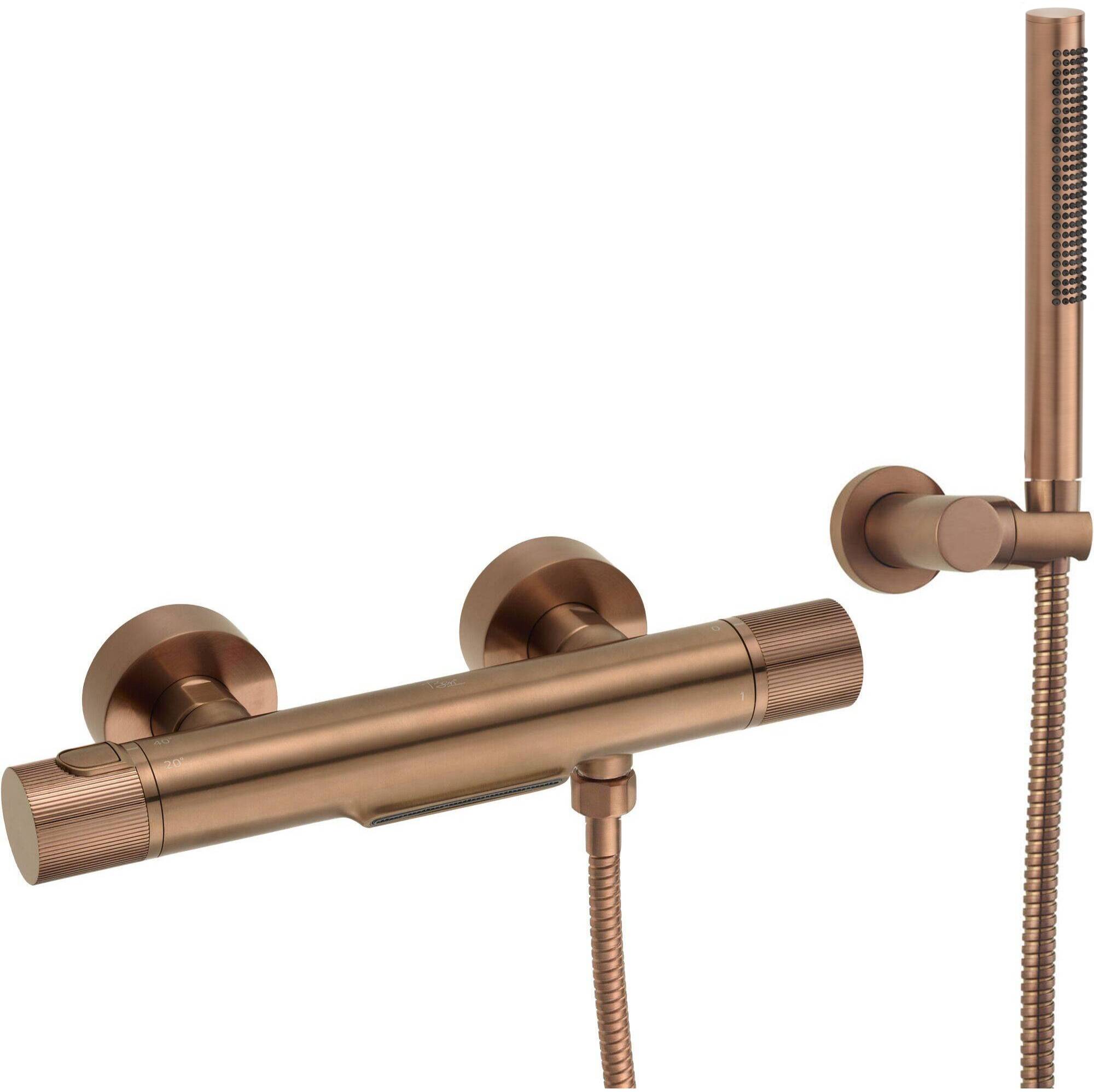 Ben Engraved Line thermostatische badkraan met handdouche en watervaluitloop geborsteld koper PVD