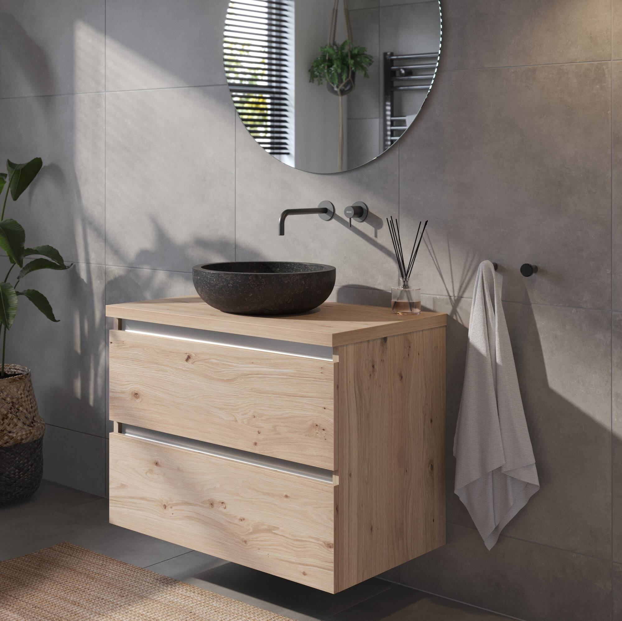 Saqu Gaia Actie badmeubel incl. natuurstenen waskom 80x51x74cm naturel eiken - aluminium greeplijst