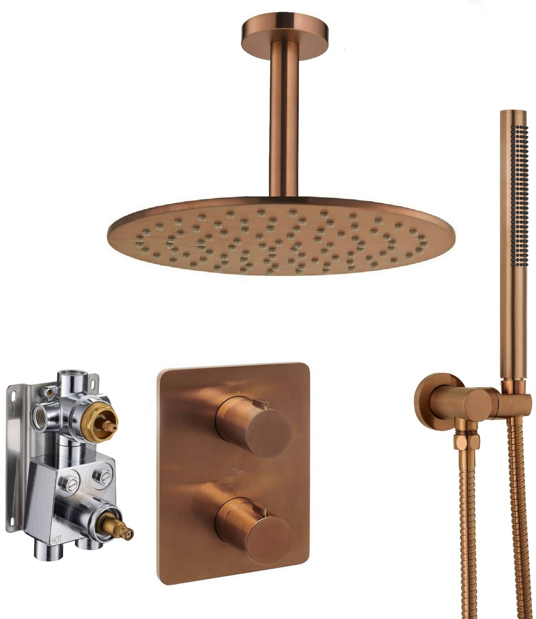 Ben Lavion 250 inbouw regendoucheset met plafondaansluiting Ø25cm geborsteld koper PVD