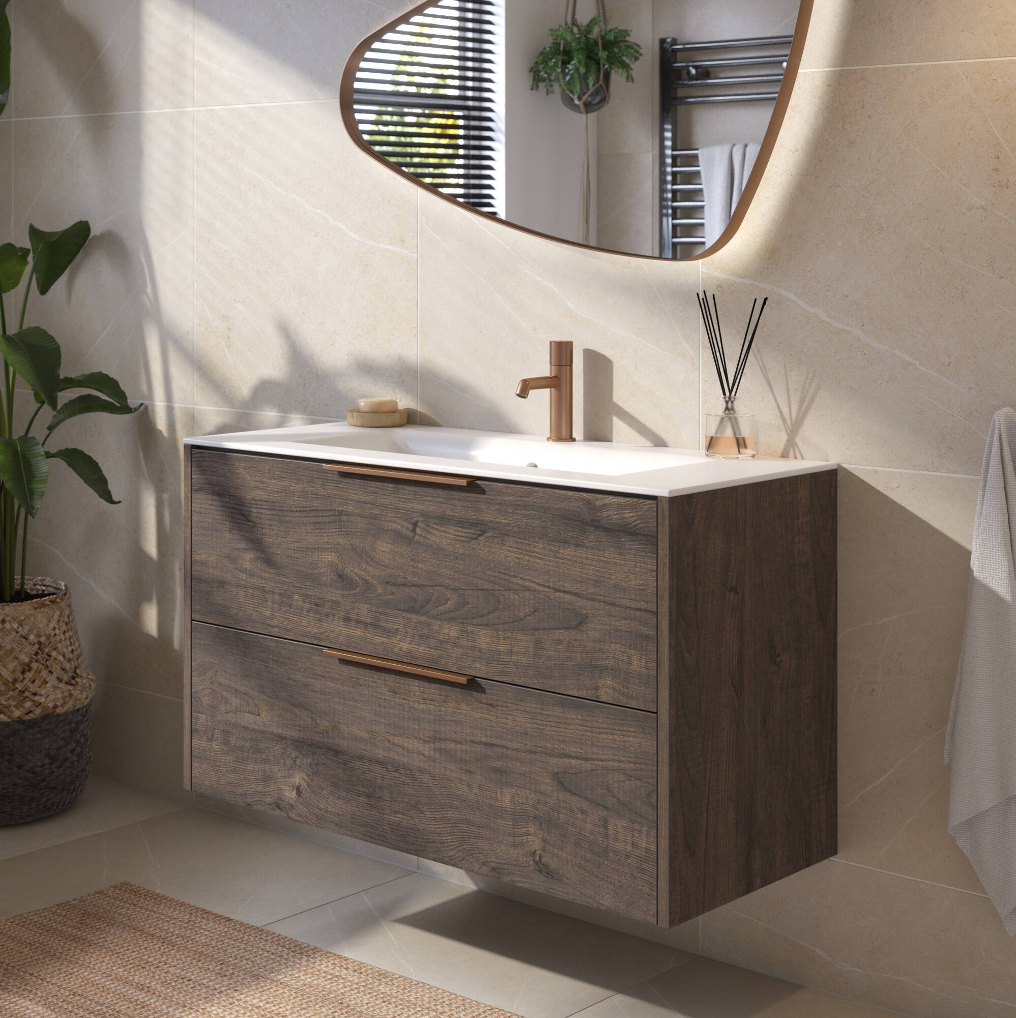 Saqu Lima badmeubel incl. mat witte keramische wastafel 100x46x61cm kasteel bruin – koperen greep