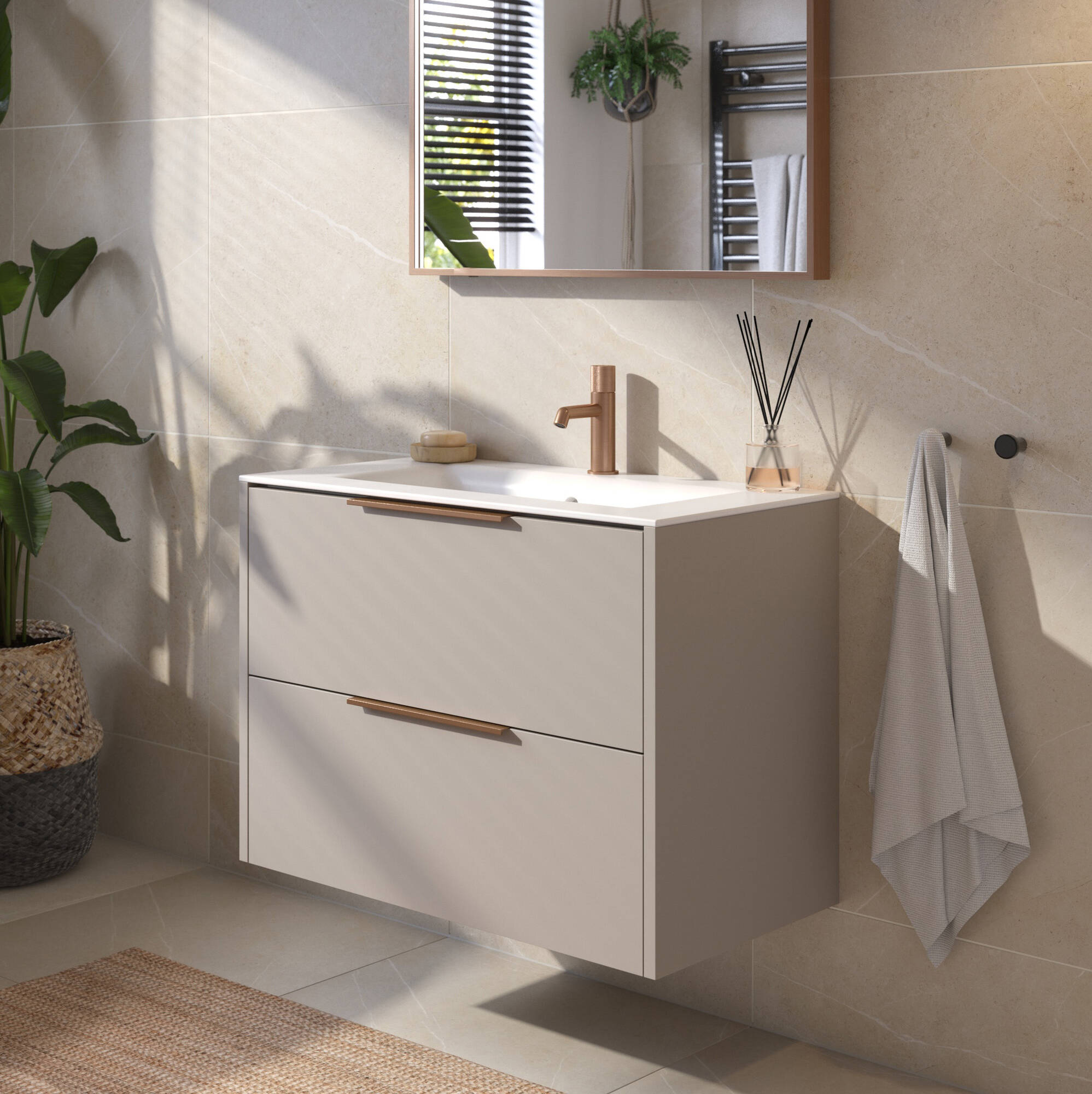 Saqu Lima badmeubel incl. mat witte keramische wastafel 80x46x61cm mat greige - koperen greep