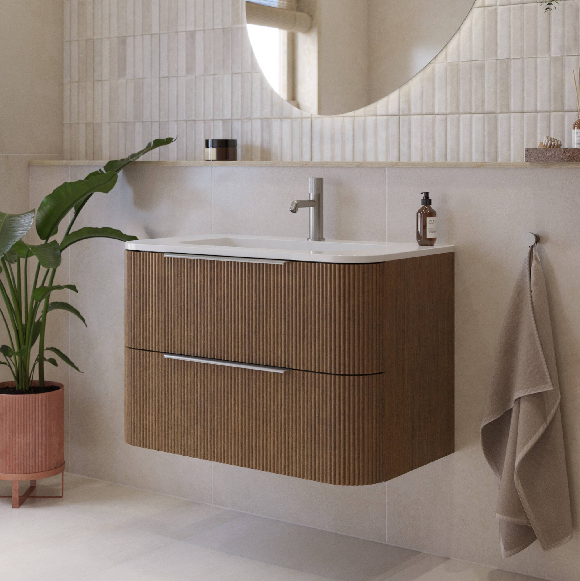 Saqu Olivo badmeubel incl. keramische wastafel 80x45x53,7 fineer terra ribbel - rvs greep