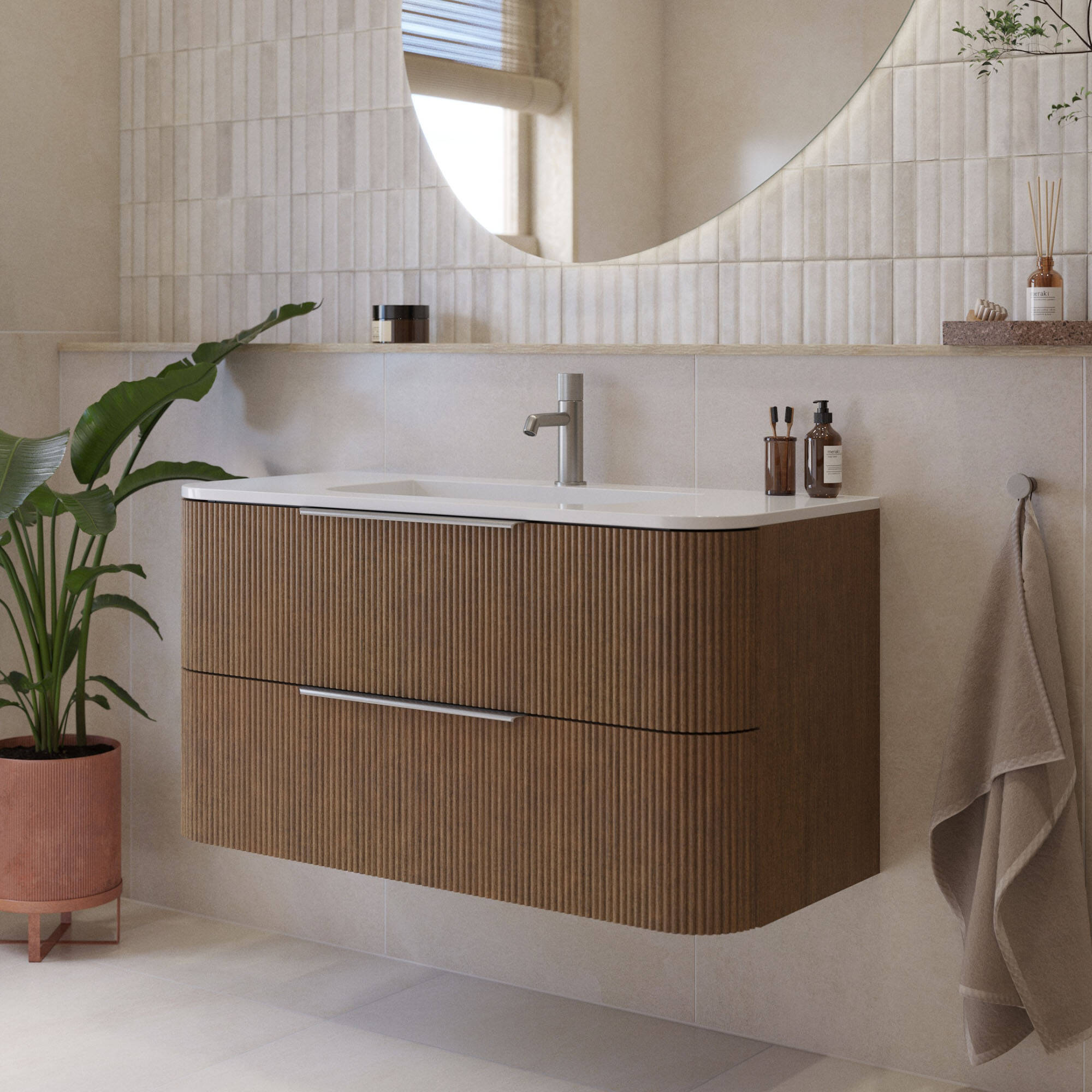 Saqu Olivo badmeubel incl. keramische wastafel 100x45x53,7 fineer terra ribbel - rvs greep