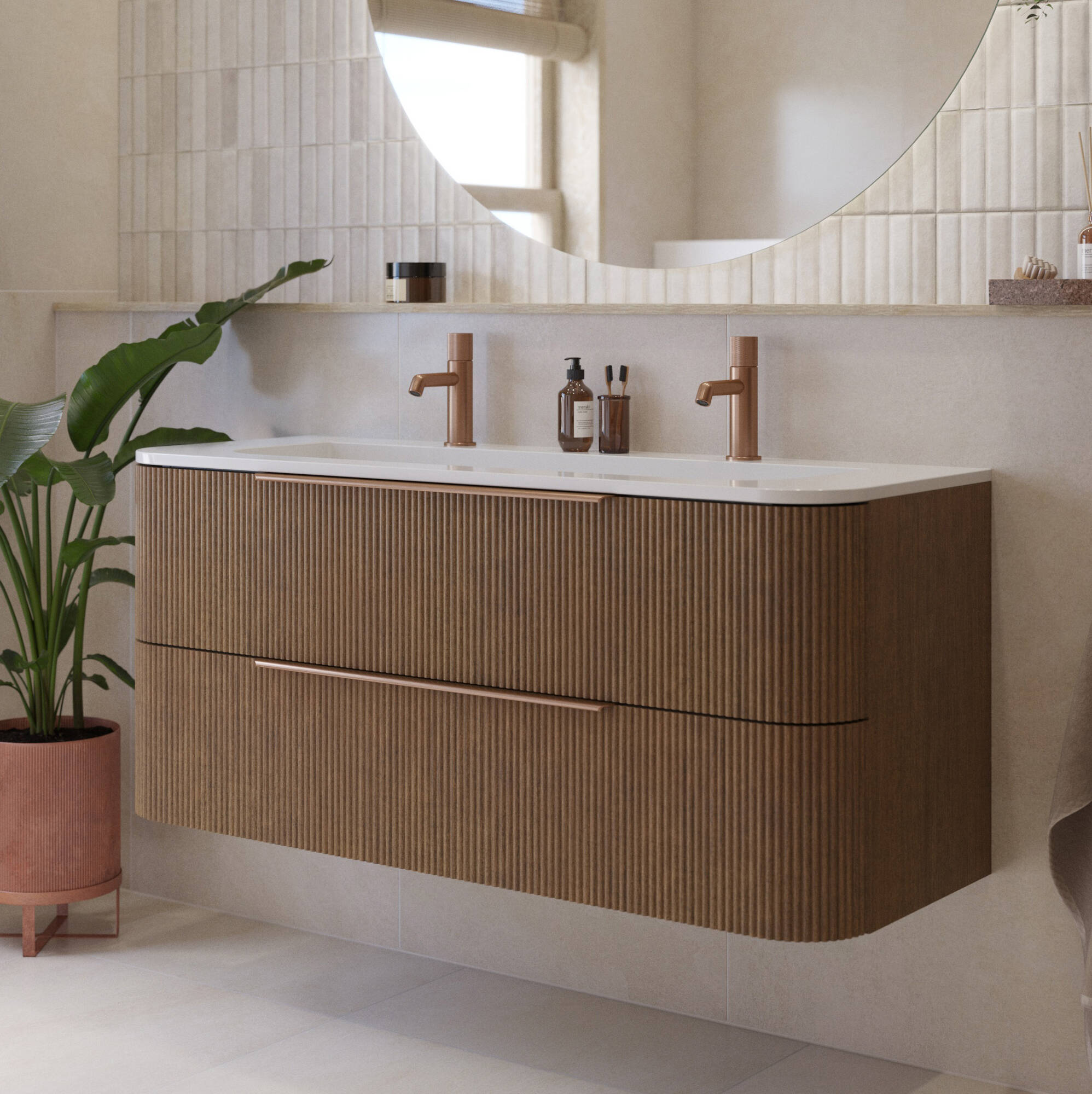 Saqu Olivo badmeubel incl. keramische wastafel 120x45x53,7 fineer terra ribbel - koperen greep