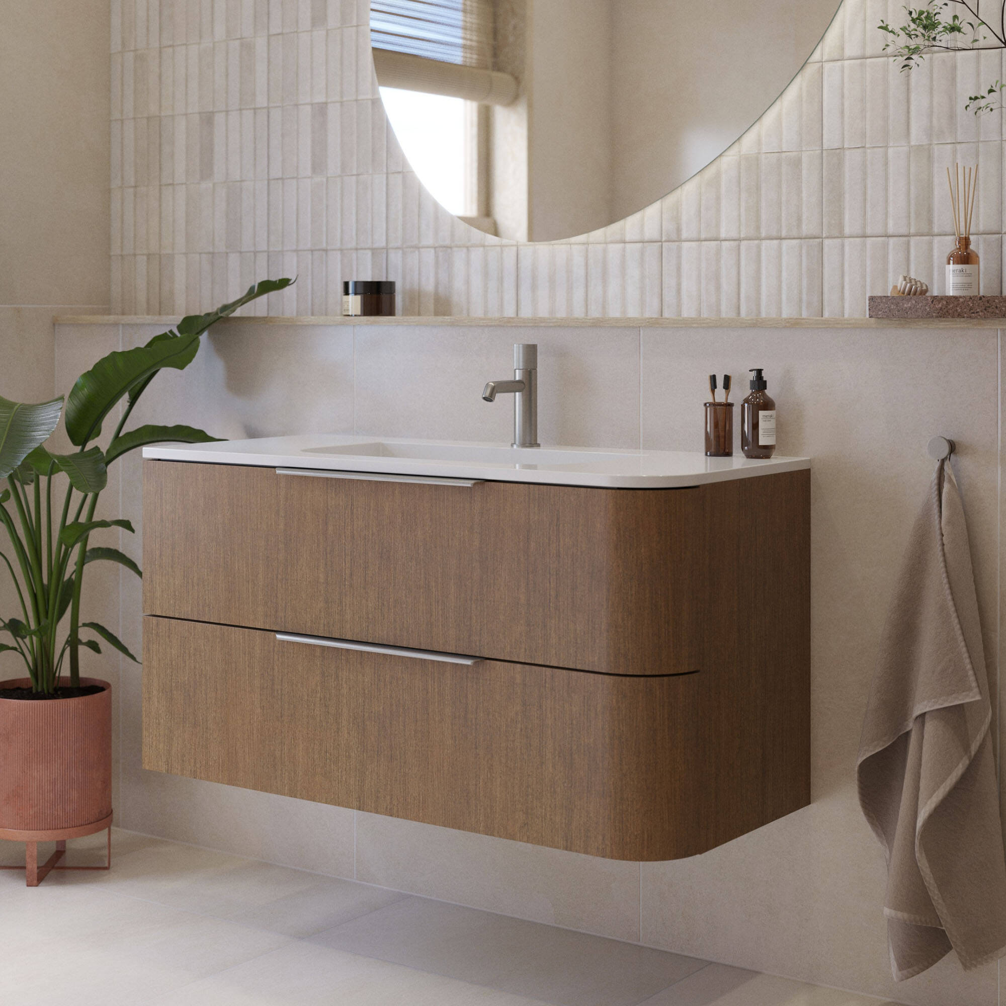 Saqu Olivo badmeubel incl. keramische wastafel 100x45x53,7cm half afgerond rechts fineer terra – rvs greep