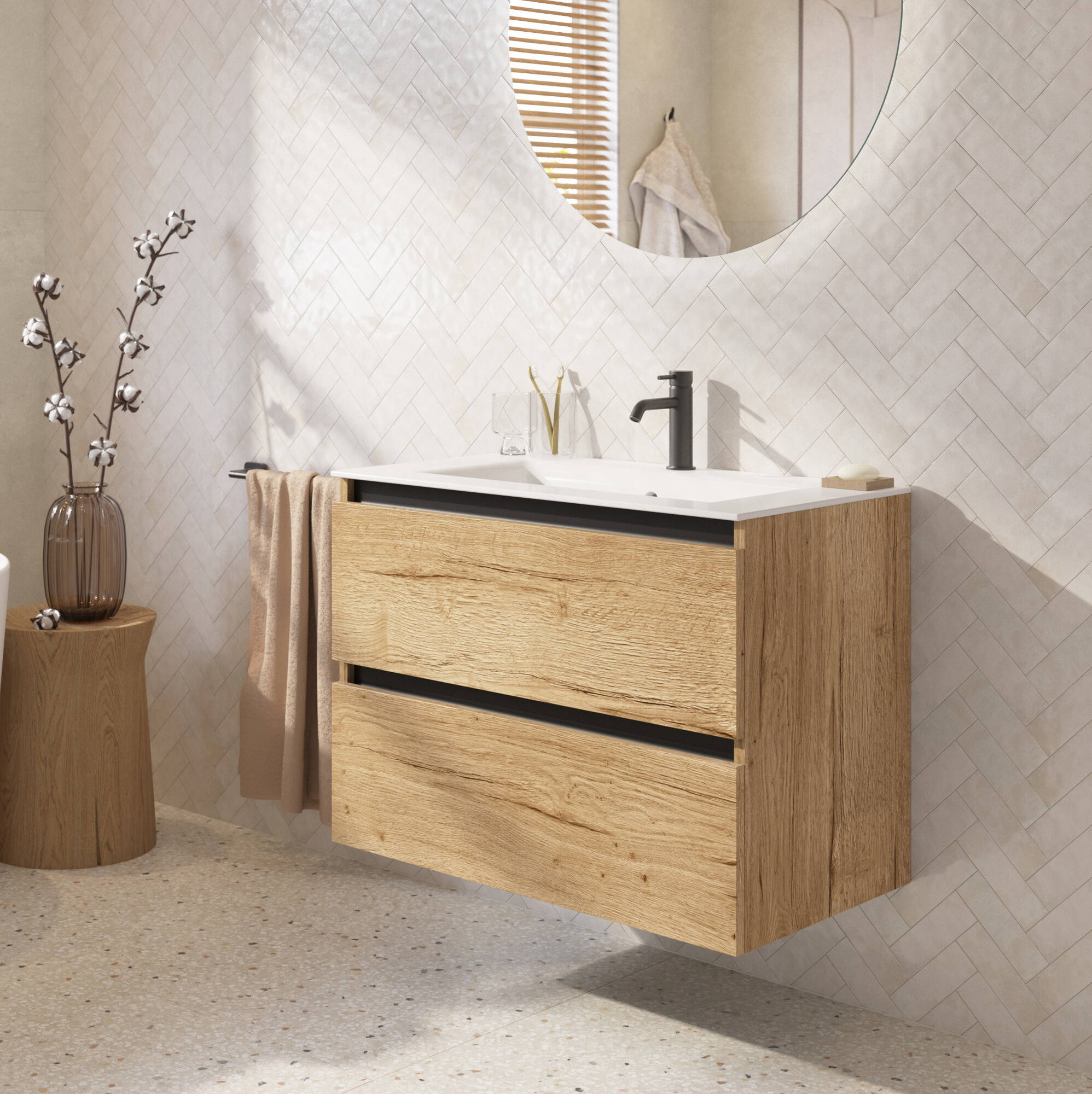 Saqu Gaia badmeubel incl. glans witte keramische wastafel 80x46x61cm eiken marcato zwarte greeplijst