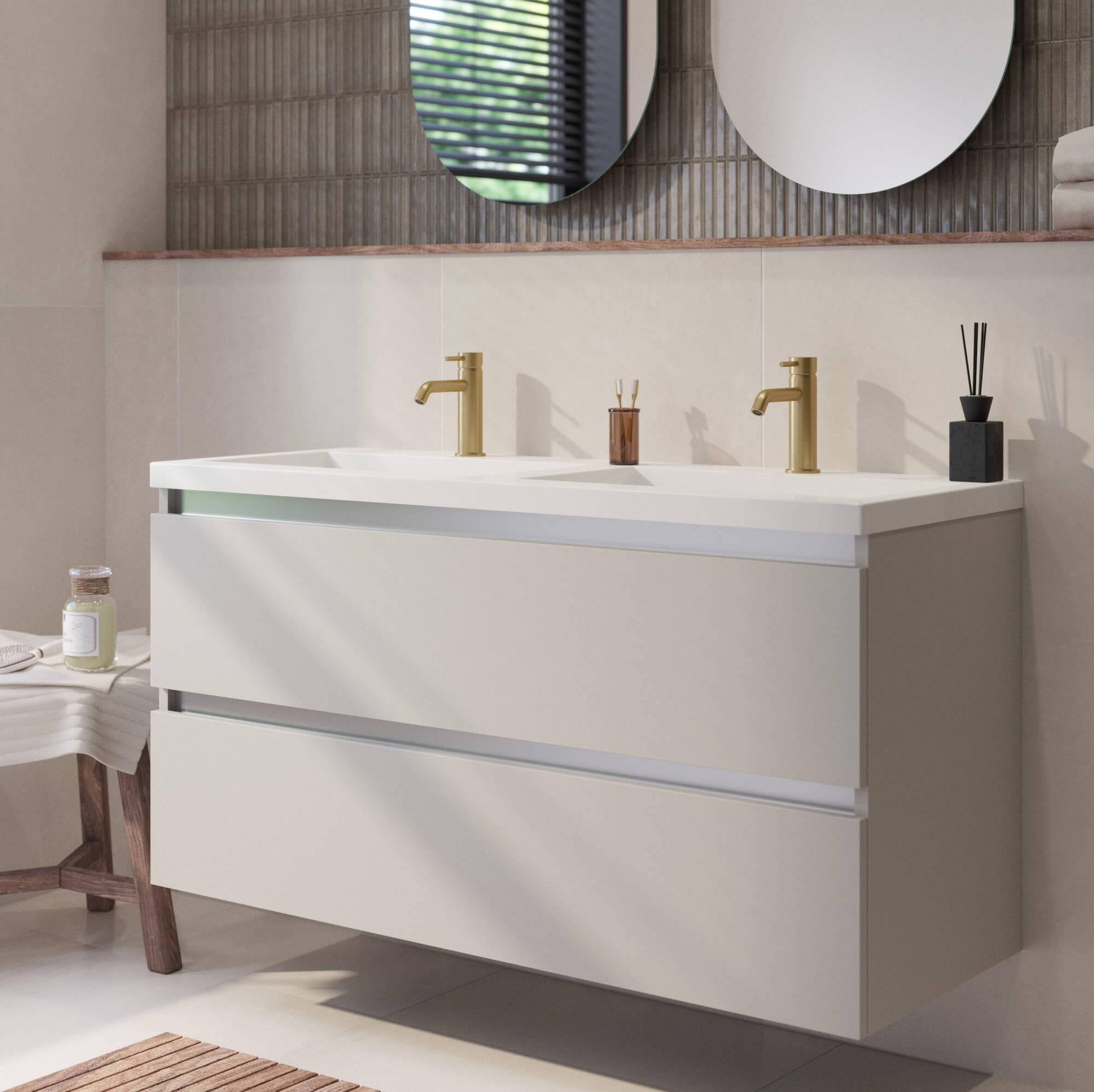 Saqu Gaia badmeubel incl. dubbele glans witte wastafel 120x46x64cm kiezel grijs - aluminium greeplijst