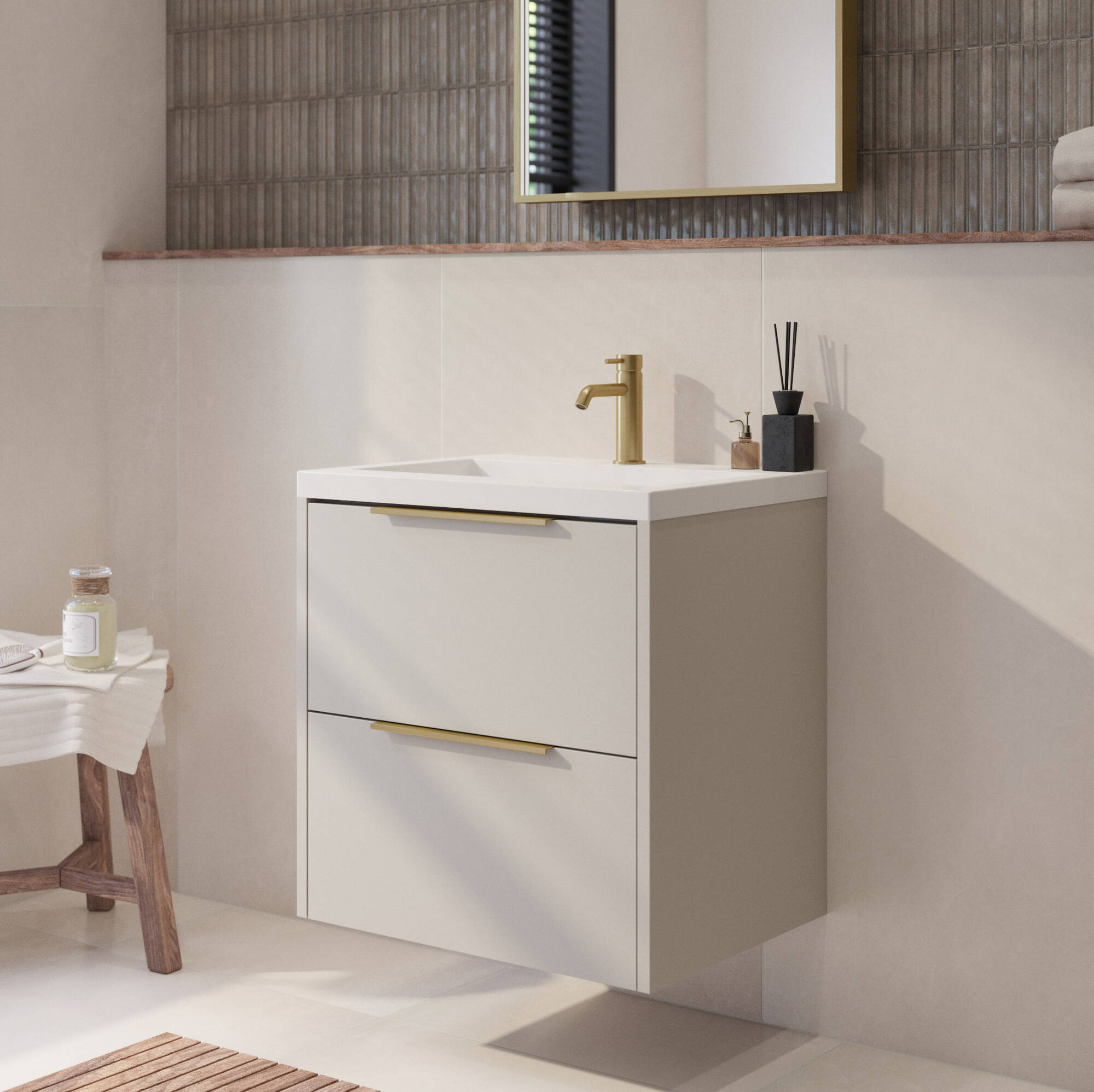 Saqu Lima badmeubel incl. glans witte wastafel 60x51x64cm kiezel grijs messing greep