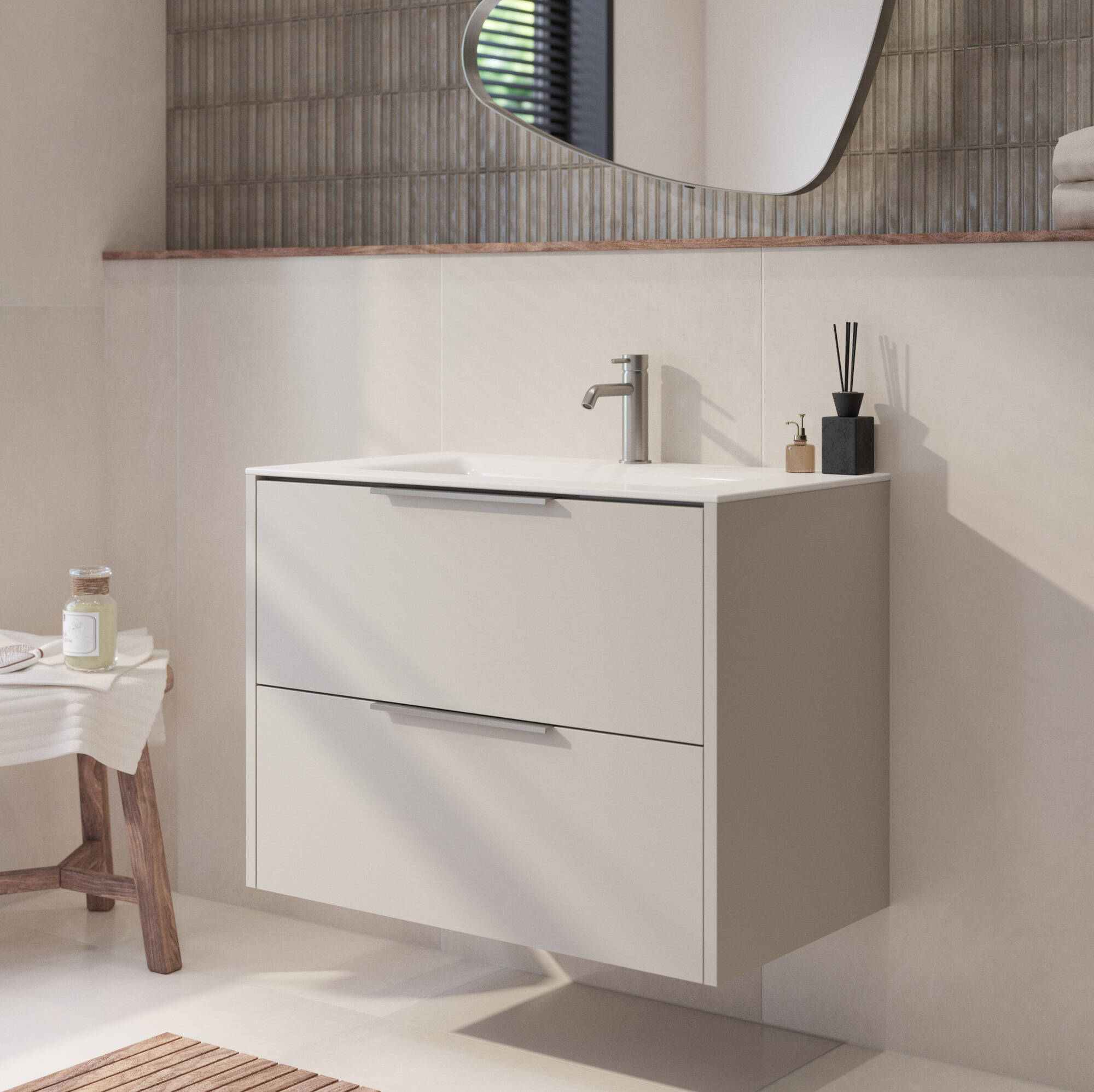 Saqu Lima badmeubel incl. glans witte keramische wastafel 80x46x61cm kiezel grijs rvs greep