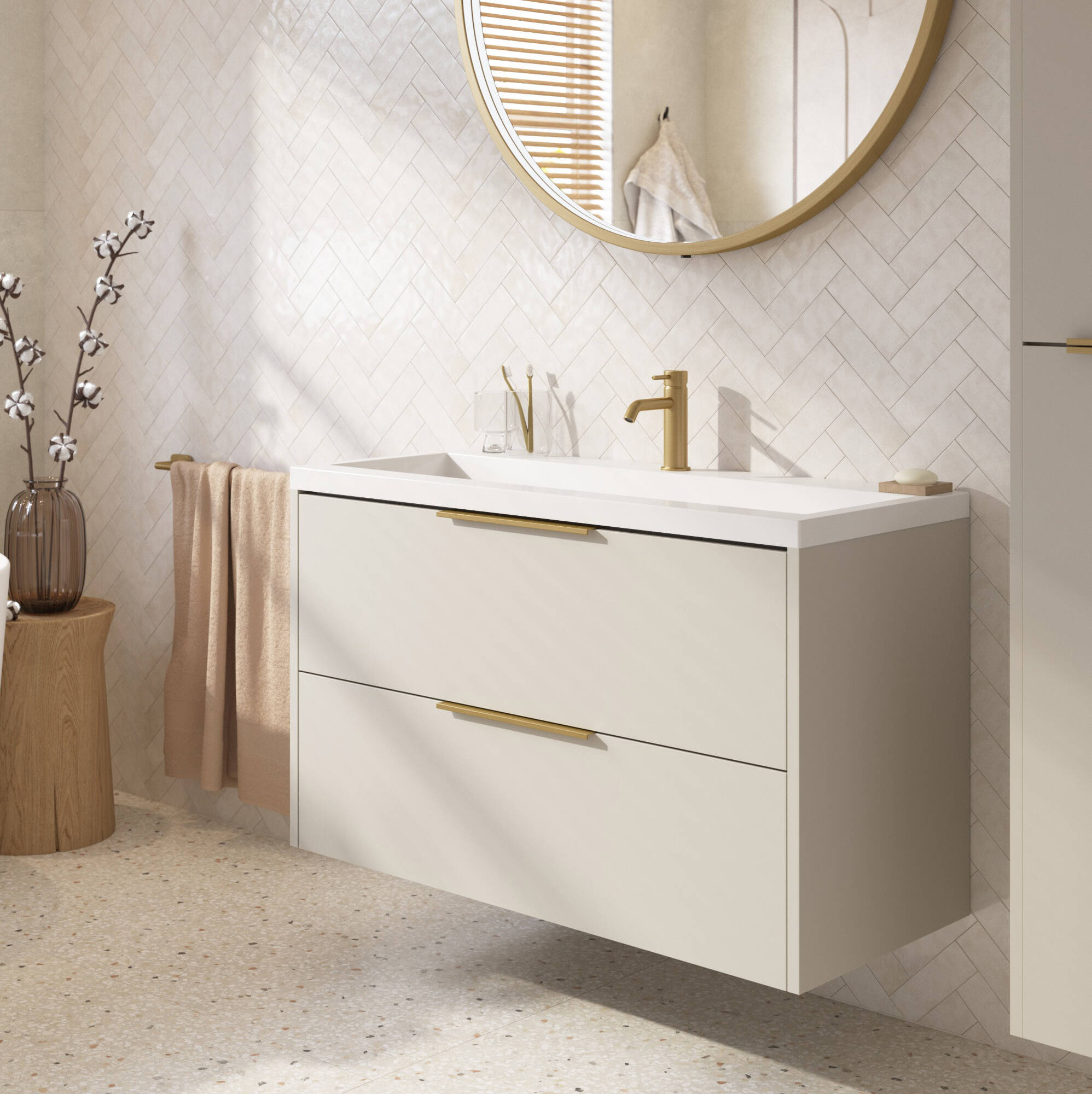 Saqu Lima ondiep badmeubel incl. glans witte wastafel 80x40x64cm kiezel grijs - messing greep