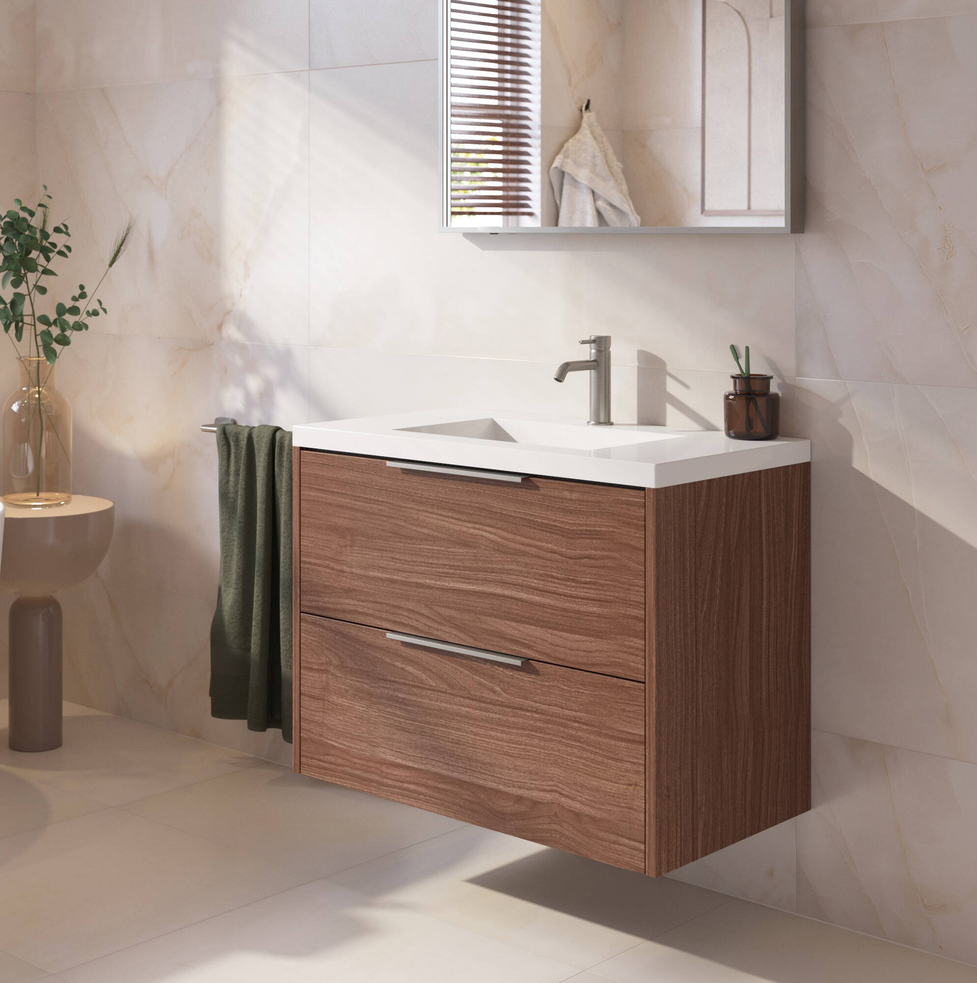 Saqu Lima badmeubel incl. glans witte wastafel 80x46x64cm noten urban rvs greep