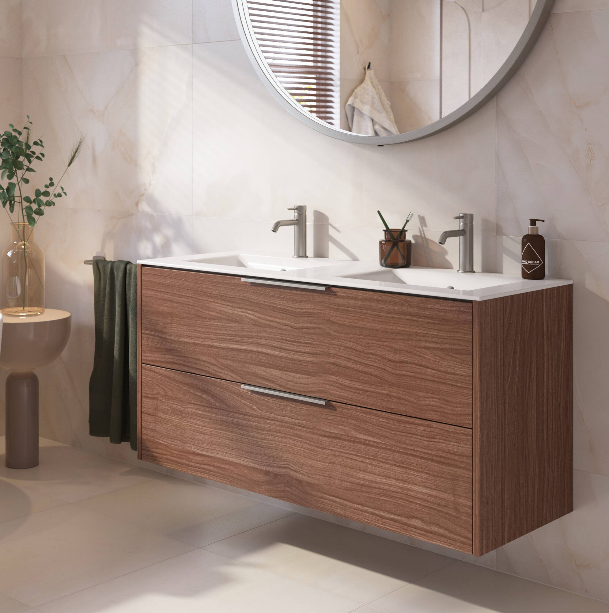 Saqu Lima badmeubel incl. dubbele glans witte keramische wastafel 120x51x61cm noten urban - rvs greep