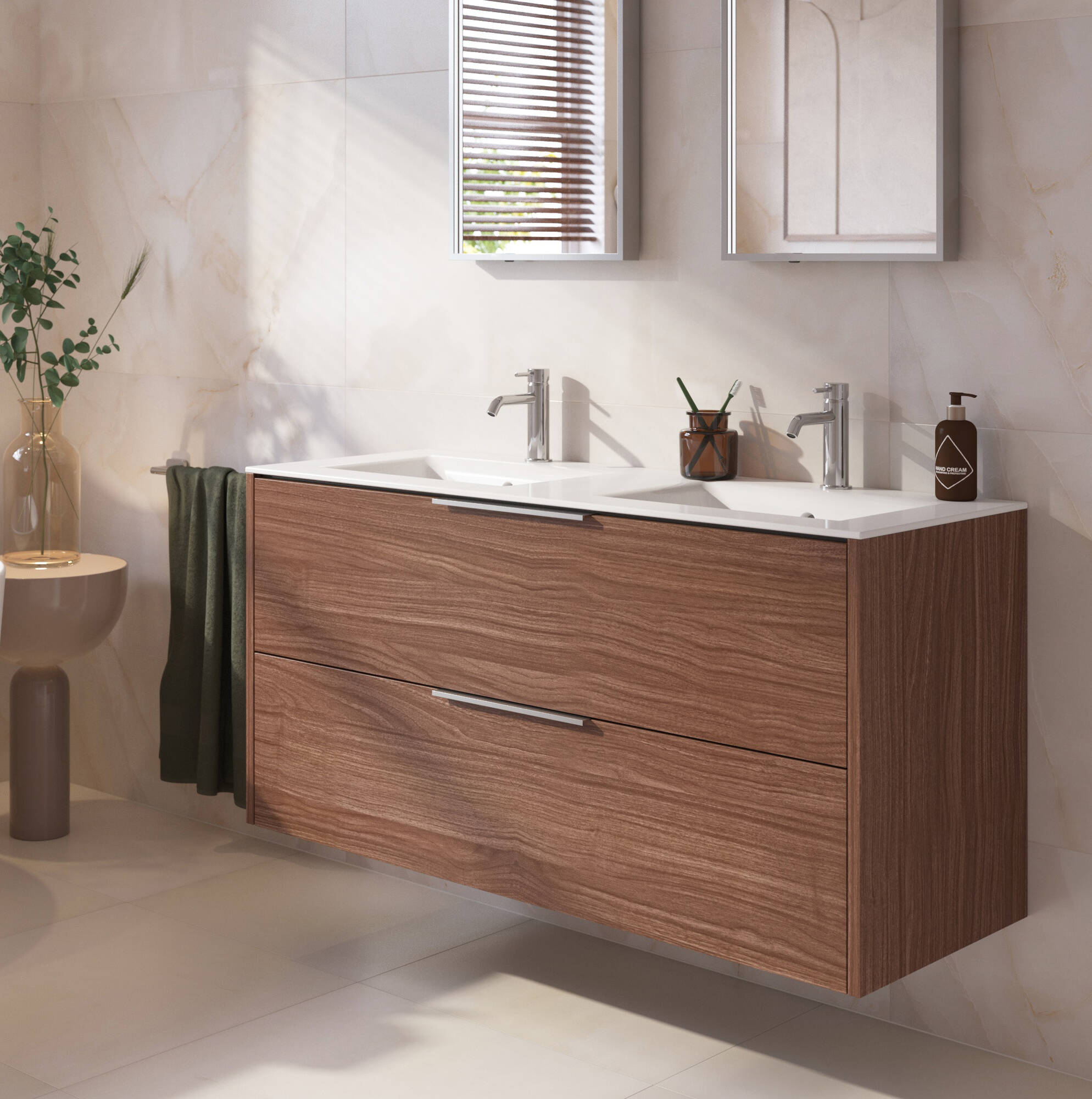 Saqu Lima badmeubel incl. dubbele glans witte keramische wastafel 120x46x61cm noten urban - chromen greep