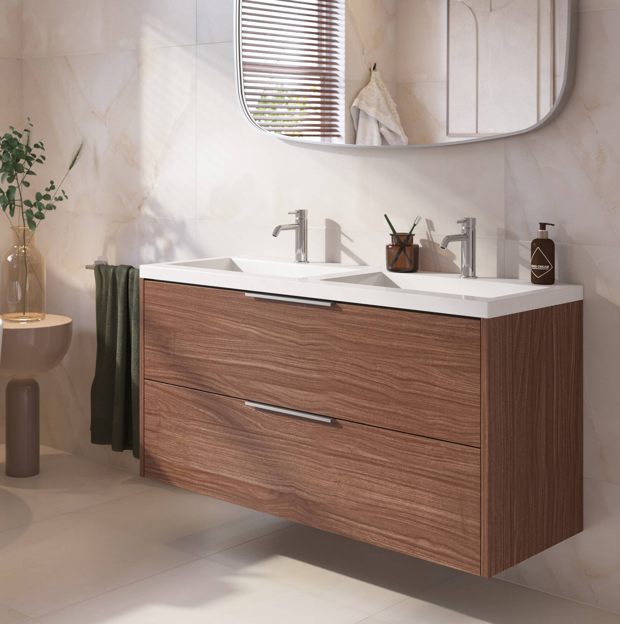 Saqu Lima badmeubel incl. dubbele glans witte wastafel 120x51x64cm noten urban chromen greep