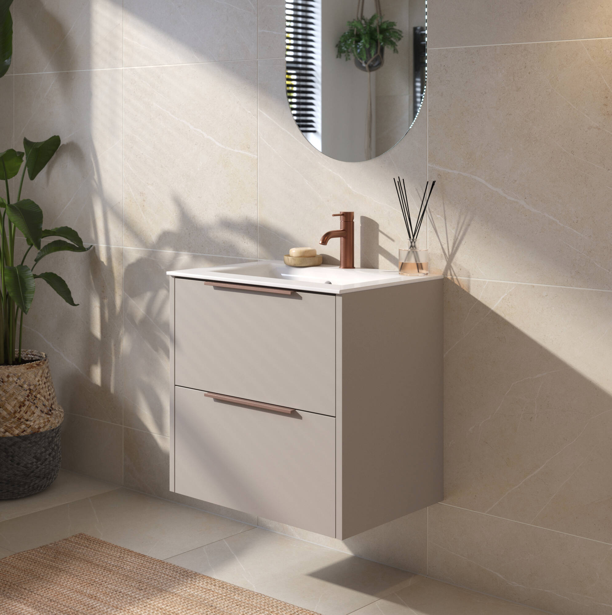 Saqu Lima badmeubel incl. glans witte keramische wastafel 60x51x61cm mat greige koperen greep