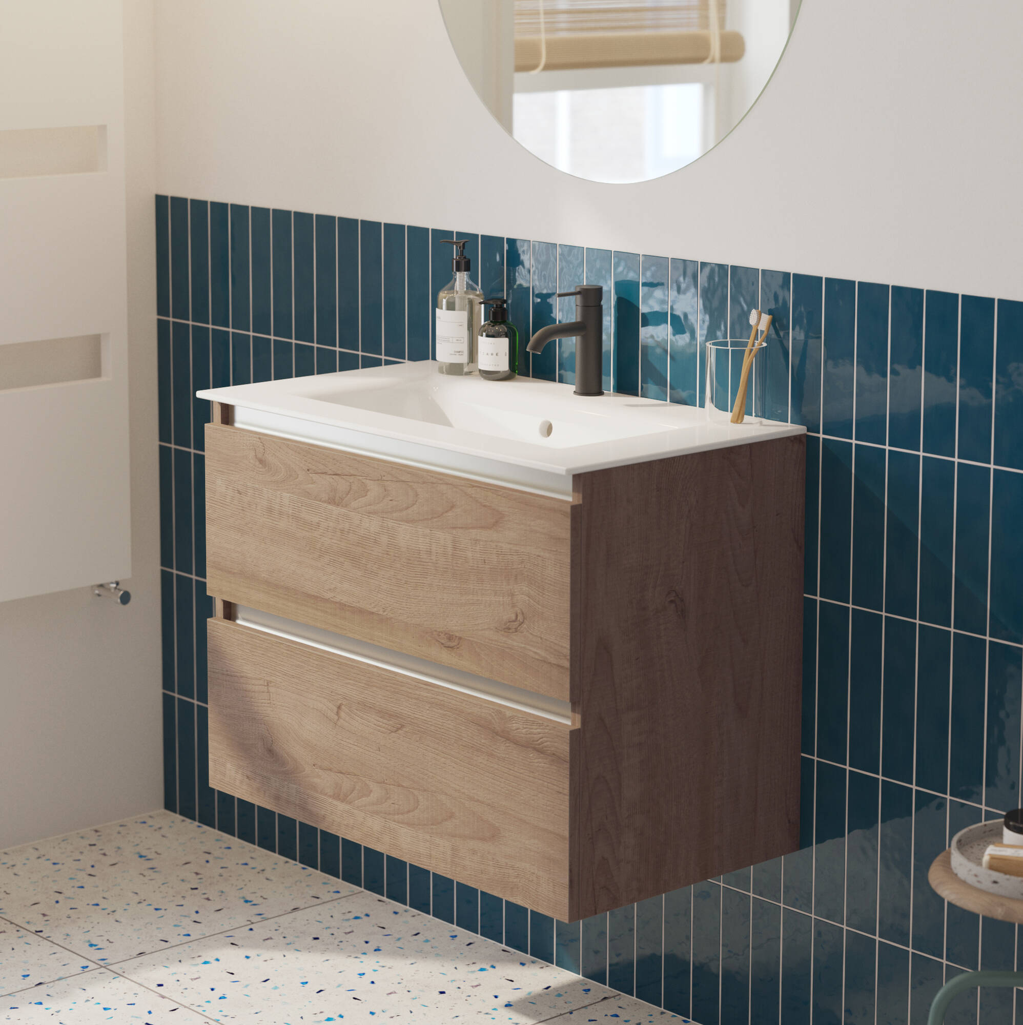 Saqu Gaia badmeubel incl. glans witte keramische wastafel 80x51x61cm toffee aluminium greeplijst