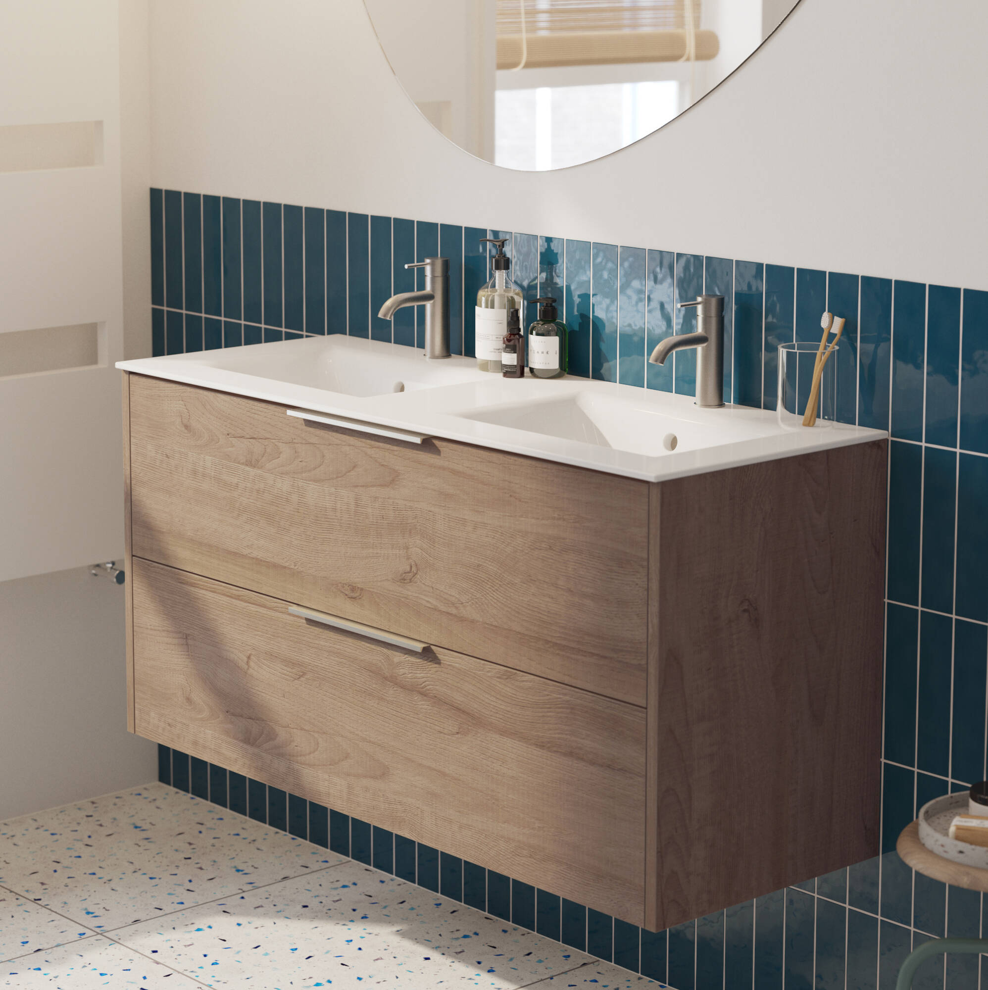 Saqu Lima badmeubel incl. dubbele glans witte keramische wastafel 120x51x61cm toffee rvs greep