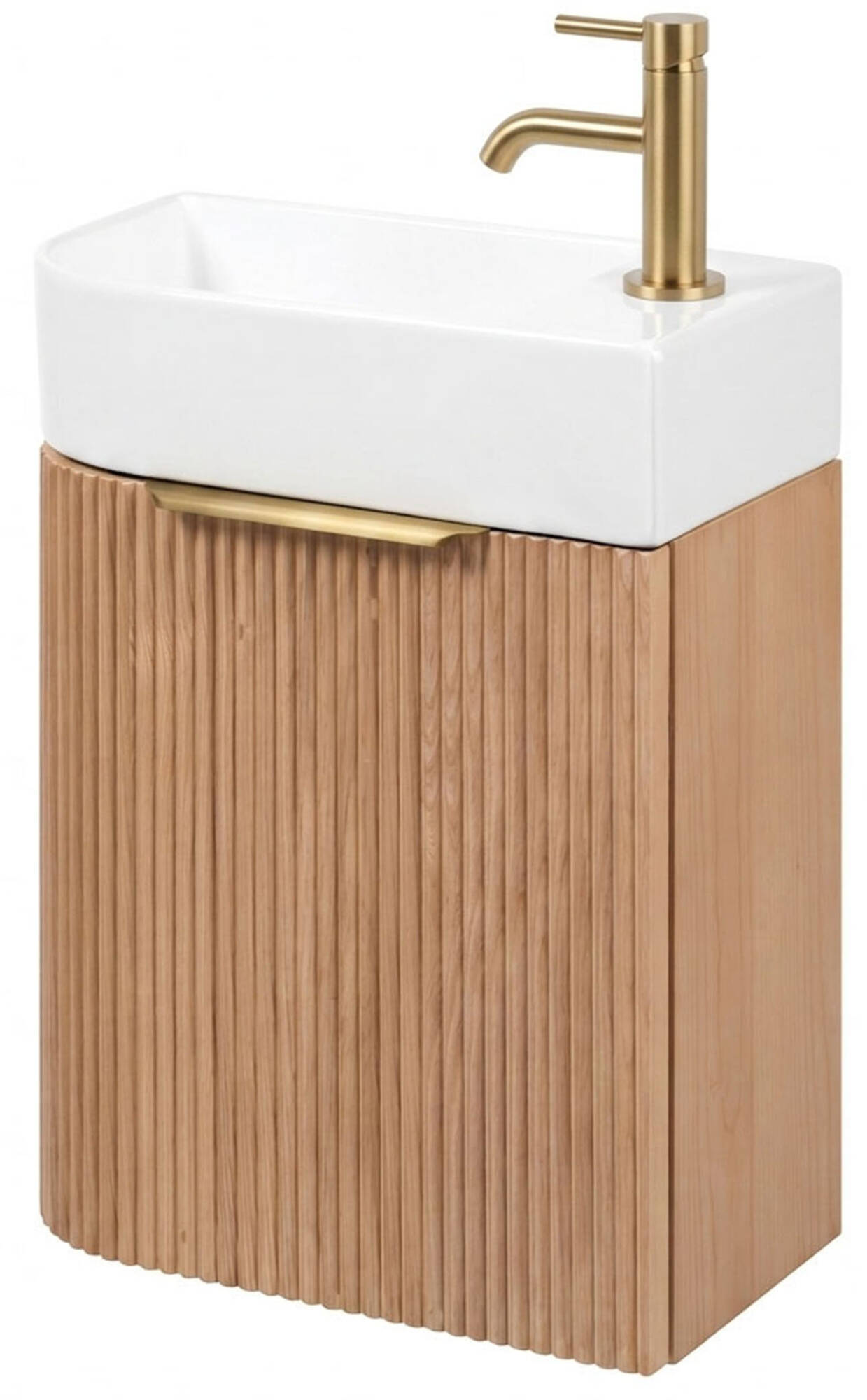 Saqu Olivo fonteinmeubel ribbel fineer pure incl. keramische fontein en geborsteld messing kraan rechts