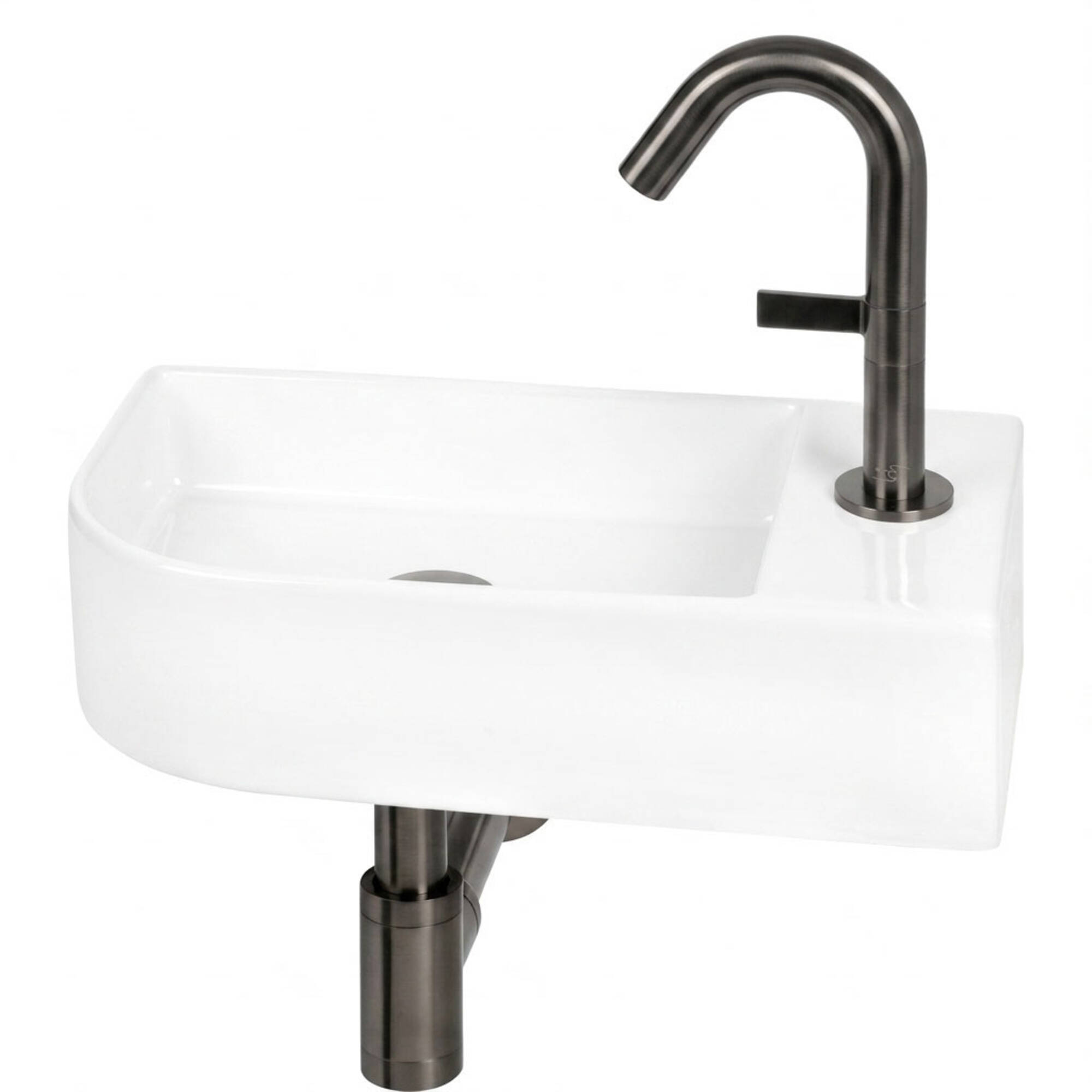 Saqu Olivo fonteinset afgerond glans wit keramiek incl. gunmetal kraan rechts