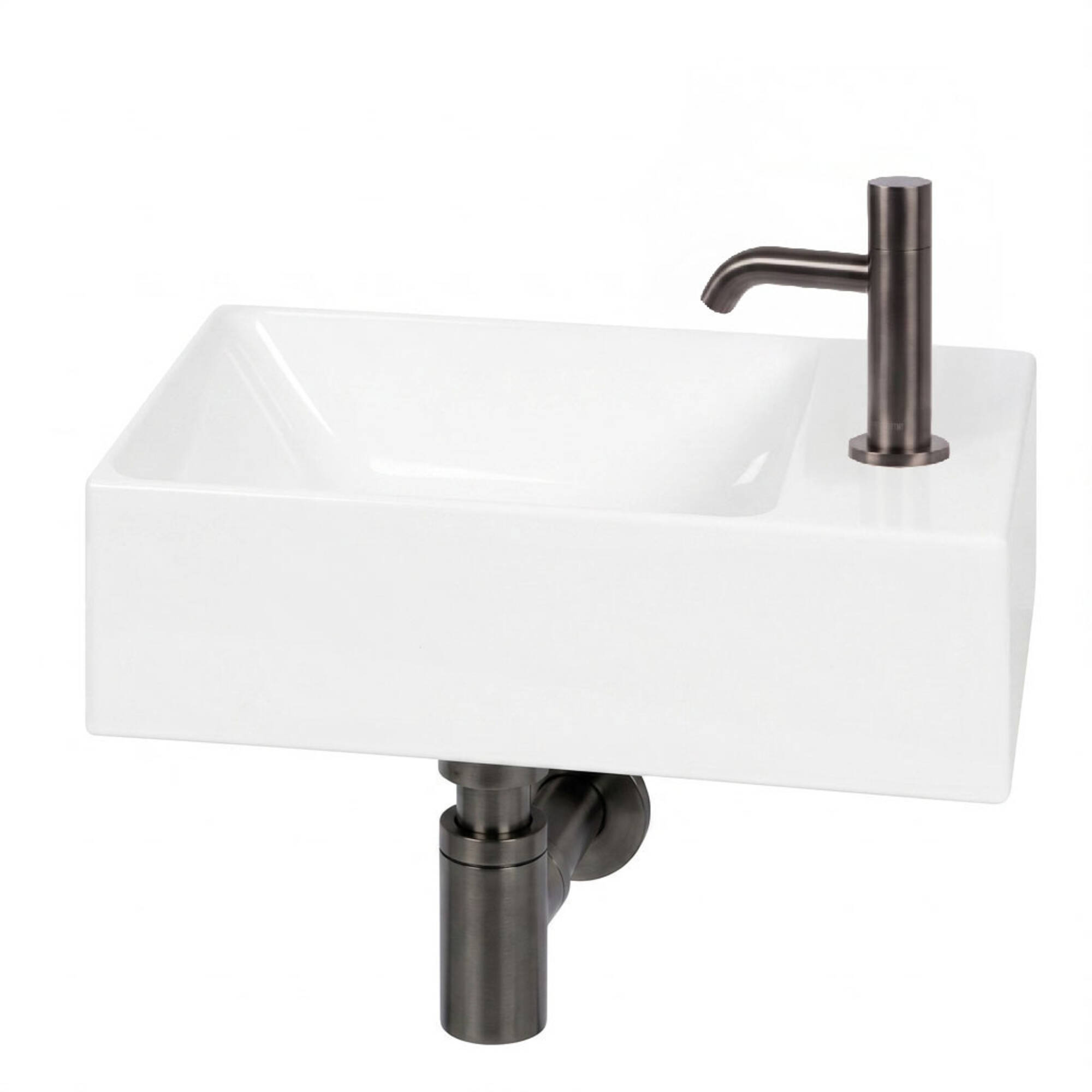 Ben Stelvio fonteinset glans wit keramiek Xtra glaze+ incl. gunmetal kraan rechts