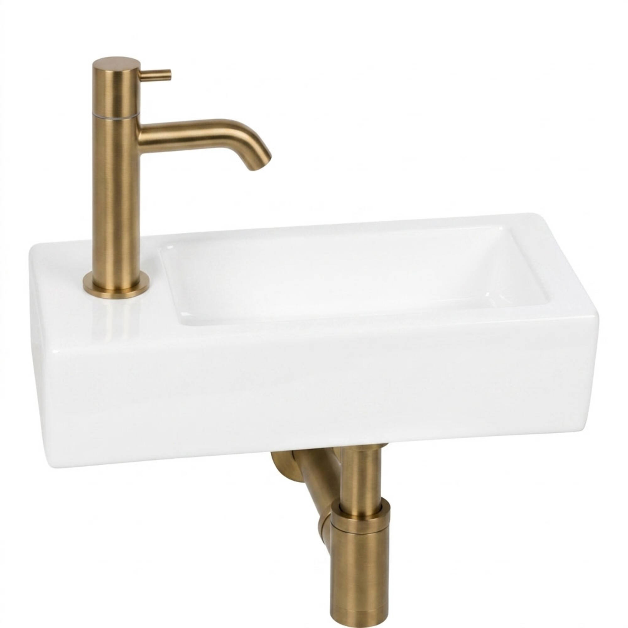 Saqu Trento fonteinset glans wit keramiek incl. geborsteld messing kraan links